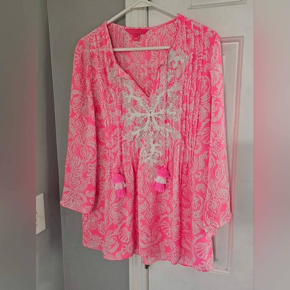 Lilly Pulitzer Pink Paisley Embroidered Tassel Tunic